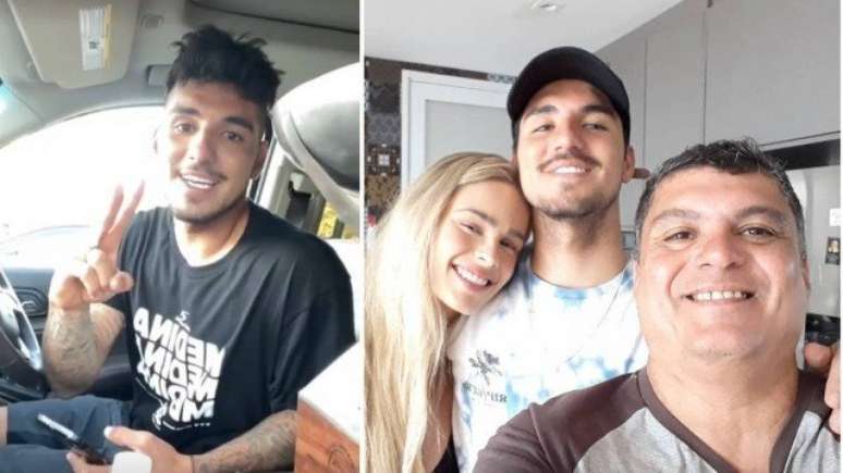 Gabriel Medina mostra troféu ao pai e comemora tricampeonato mundial Reprodução Instagram