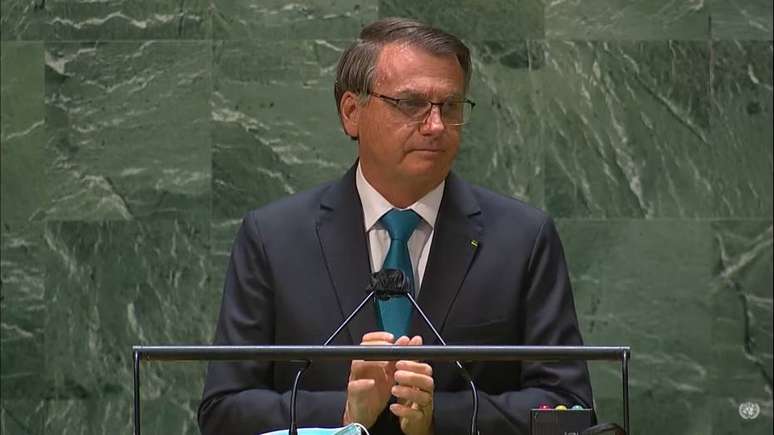 O presidente Jair Bolsonaro discursa na 76ª Assembleia-Geral da ONU.