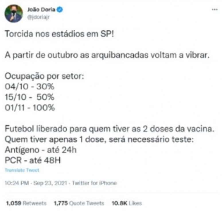 Governador João Doria anuncia volta de público aos estádios (Foto: Reprodução / Twitter João Doria)