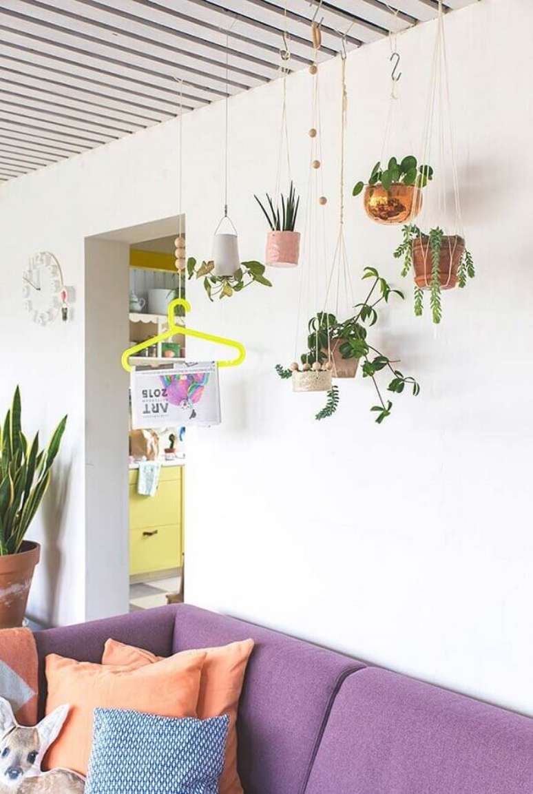 19. Decoração de sala com plantas pendentes e sofa roxo – Foto: Revista Artesanato