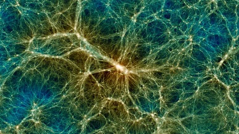 Uchuu nos permite visualizar a matéria escura e como ela é distribuída, por exemplo, em um objeto supermassivo como um grande aglomerado de galáxias (skiesanduniverses.org)