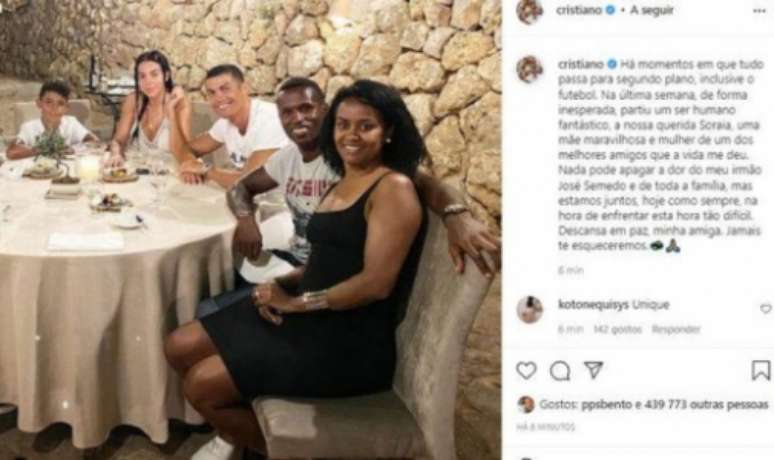 Cristiano Ronaldo lamentou a morte de Soraia Semedo (Foto: Reprodução/Instagram)