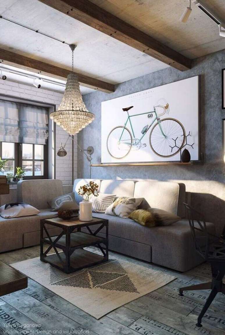 30. Lustre antigo para decora&ccedil;&atilde;o de sala r&uacute;stica com parede de cimento queimado &ndash; Foto: Mandred Metal Roofs