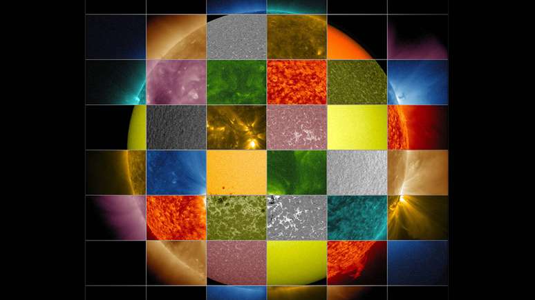 Este mosaico do Sol que a Nasa fez com fragmentos de imagens capturadas por diferentes comprimentos de onda mostra a variedade de cores que a estrela emite (e que, como um todo, o olho humano percebe como branco)
