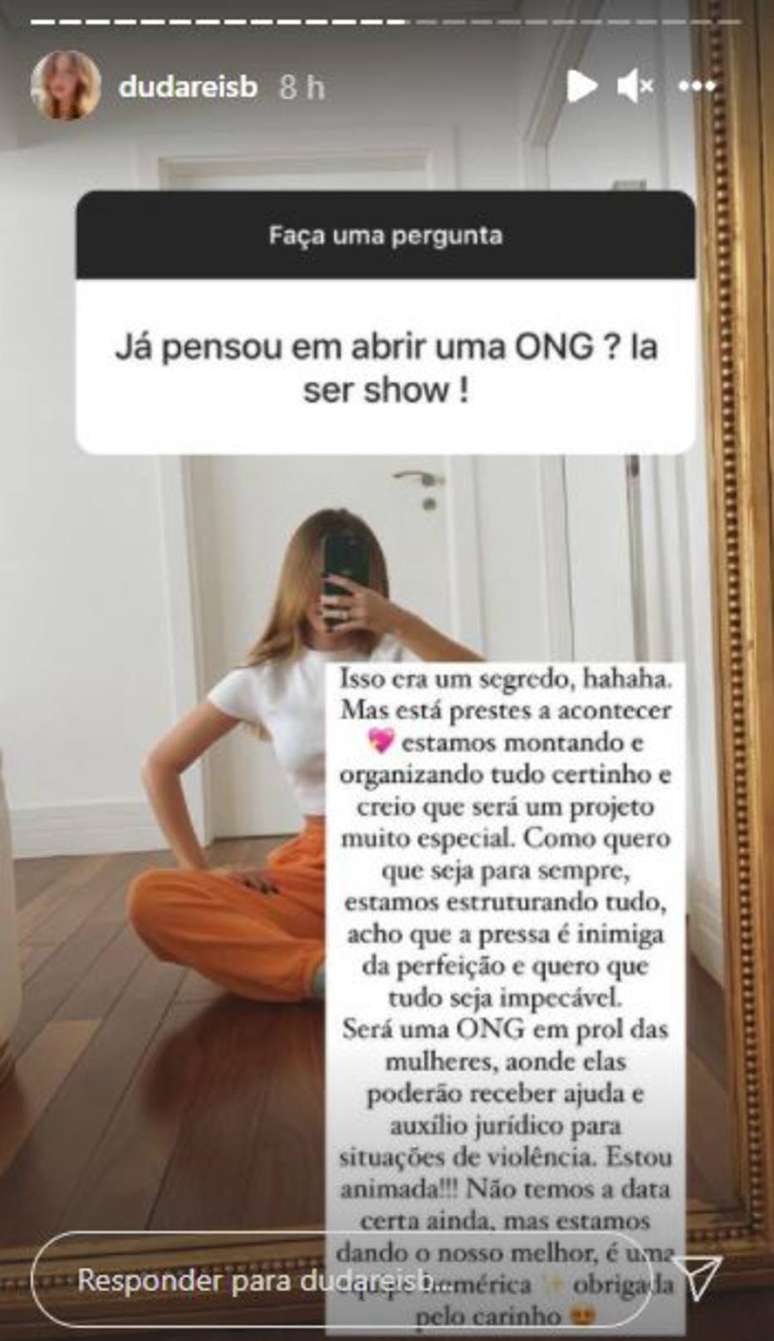 Imagem de um dos stories em que Duda Reis responde a um seguidor sobre ONG contra violência doméstica  