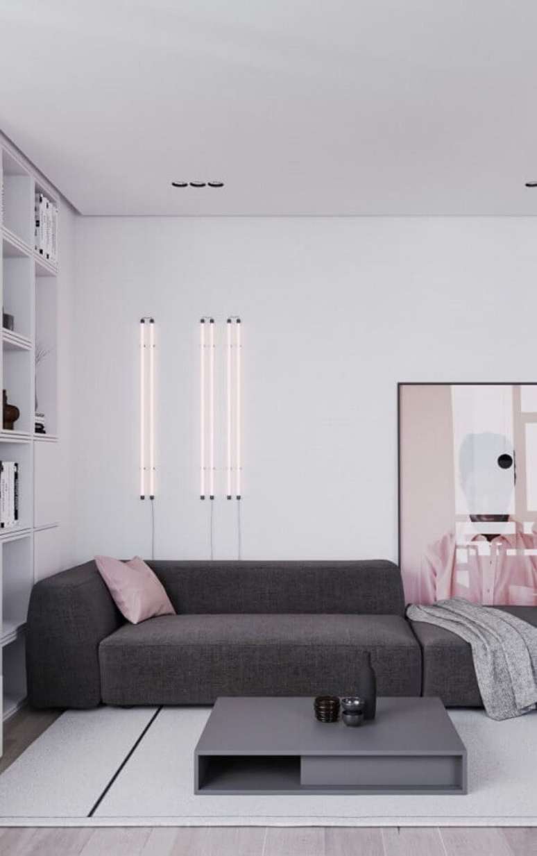 52. Cores modernas de casas minimalistas decorada com sofa cinza para sala branca – Foto: Architizer