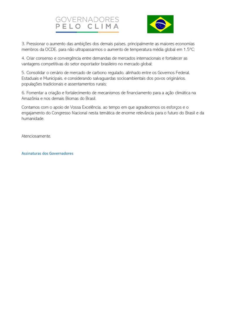 Carta enviada a Lira pela Coaliz&atilde;o dos Governadores pelo Clima&nbsp;