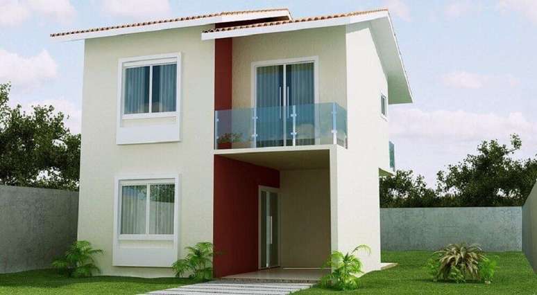 14. Fachada de sobrado simples com sacada de vidro. Fonte: Construtora Casa R&aacute;pida
