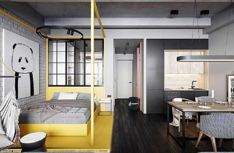 54. Decoração com cores modernas de casas conceito aberto cinza e amarela – Foto: Cartelle Design