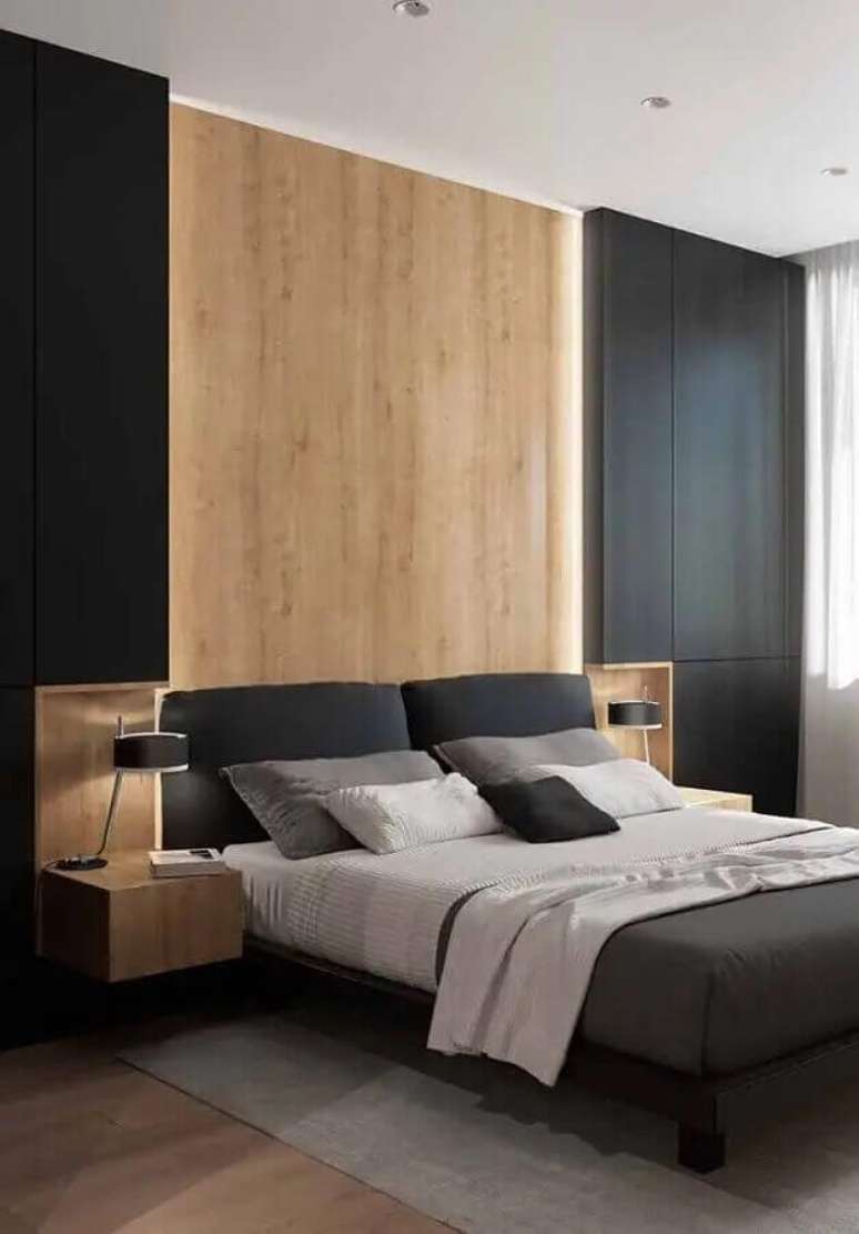 28. Cores de casas modernas internas com quarto preto decorado com revestimento de madeira – Foto: Home Fashion Trend