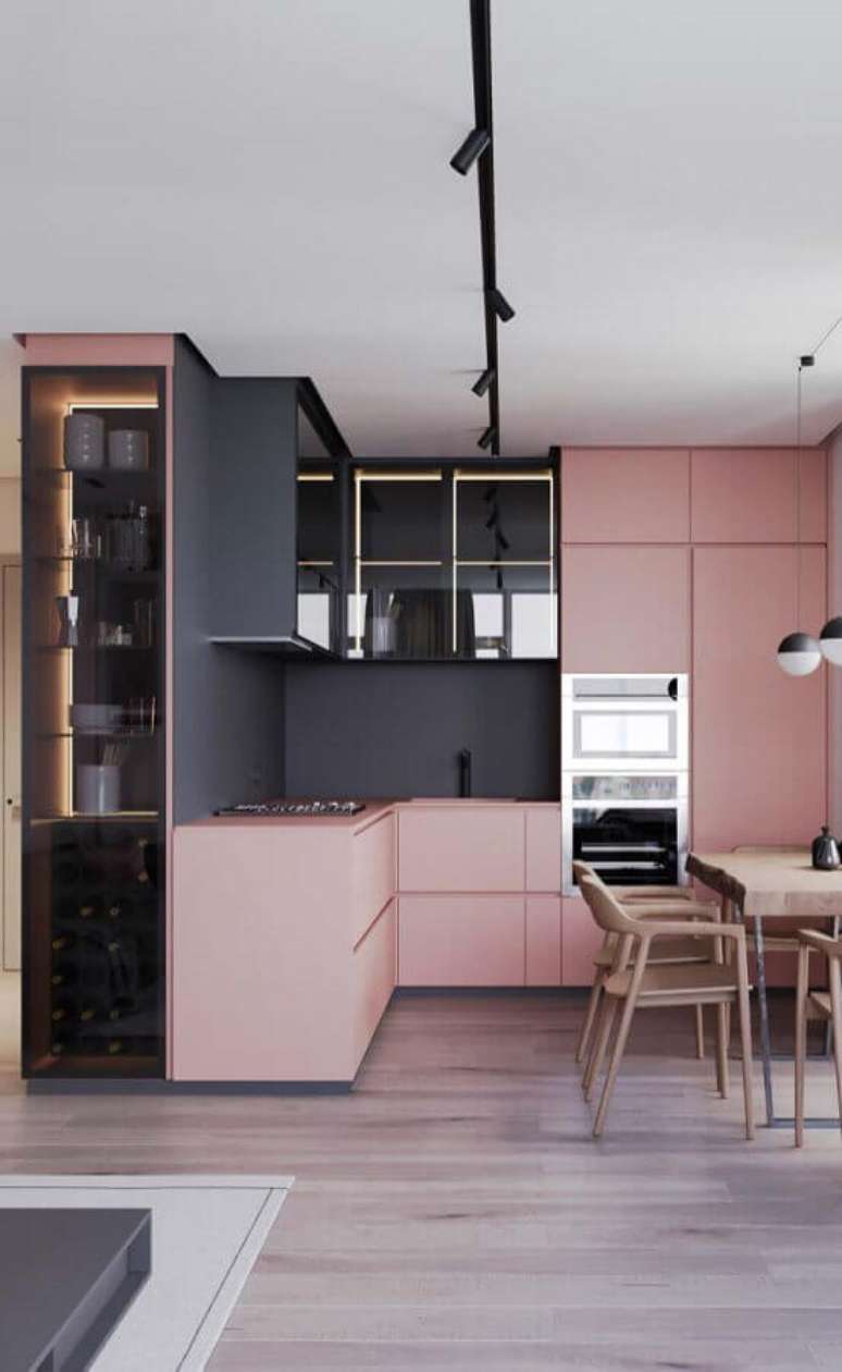 47. Cores de casas modernas planejada com cozinha cinza e rosa – Foto: Futurist Architecture