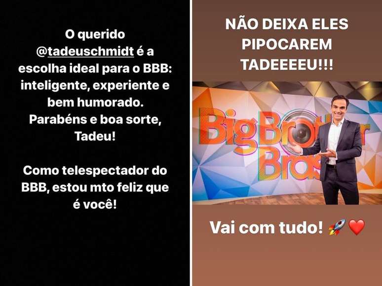 Tiago Leifert posta mensagem para Tadeu Schmidt nos stories do Instagram 