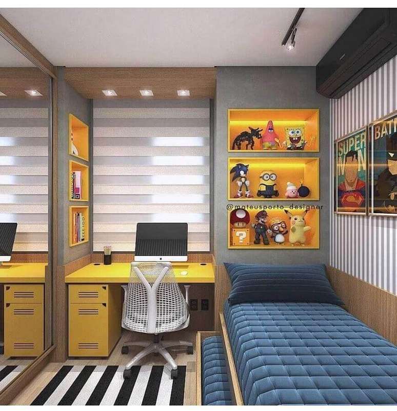 36. Decoração moderna com gaveteiro para quarto de solteiro com escrivaninha – Foto: Magz House