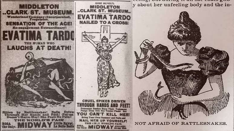 Anúncios de seu programa e ilustração do Chicago Tribune de 1898 (à direita)