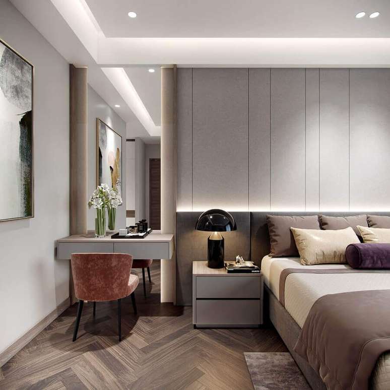 57. Gaveteiro pequeno para quarto cinza moderno decorado com penteadeira suspensa &ndash; Foto: Behance