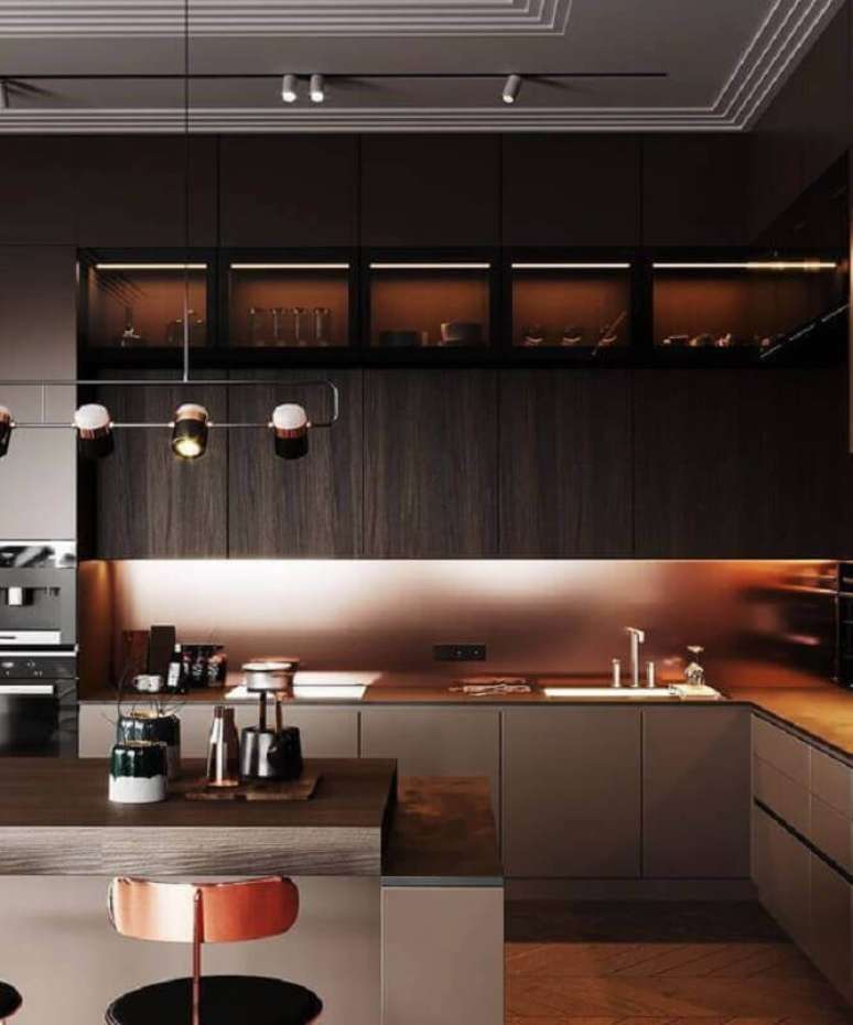 28. Cores escuras para decora&ccedil;&atilde;o de cozinha de luxo moderna &ndash; Foto: Futurist Architecture