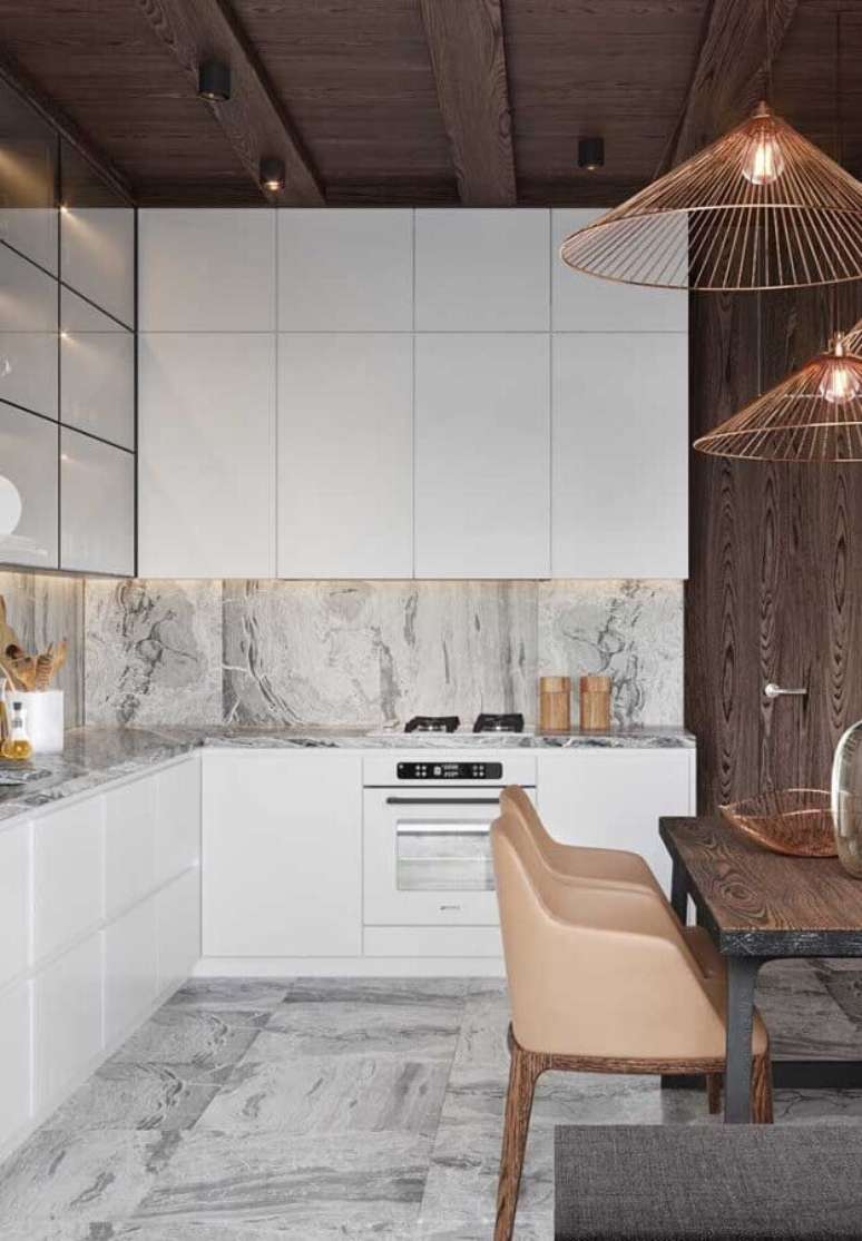 60. Mármore para decoração de cozinha planejada de luxo branca com madeira – Foto: Architecture Art Designs