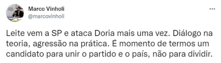 Publicação do presidente estadual do PSDB, Marco Vinholi, no Twitter, feita na tarde deste domingo, 17.