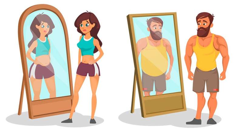 Ilustração de um homem e uma mulher se olhando no espelho