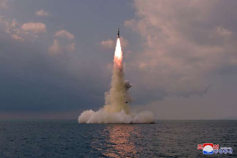 A new submarine-launched ballistic missile is seen during a test in this undated photo released on October 19, 2021 by North Korea's Korean Central News Agency (KCNA).  KCNA via REUTERS    ATTENTION EDITORS - THIS IMAGE WAS PROVIDED BY A THIRD PARTY. REUTERS IS UNABLE TO INDEPENDENTLY VERIFY THIS IMAGE. NO THIRD PARTY SALES. SOUTH KOREA OUT. NO COMMERCIAL OR EDITORIAL SALES IN SOUTH KOREA.