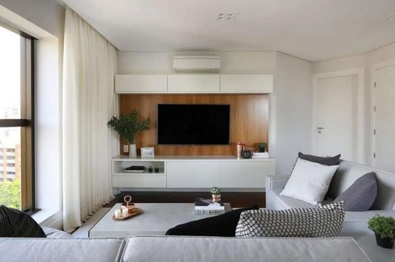 24. Rack moderno para sala com estrutura suspensa. Projeto de Degrad&ecirc; Decora&ccedil;&atilde;o