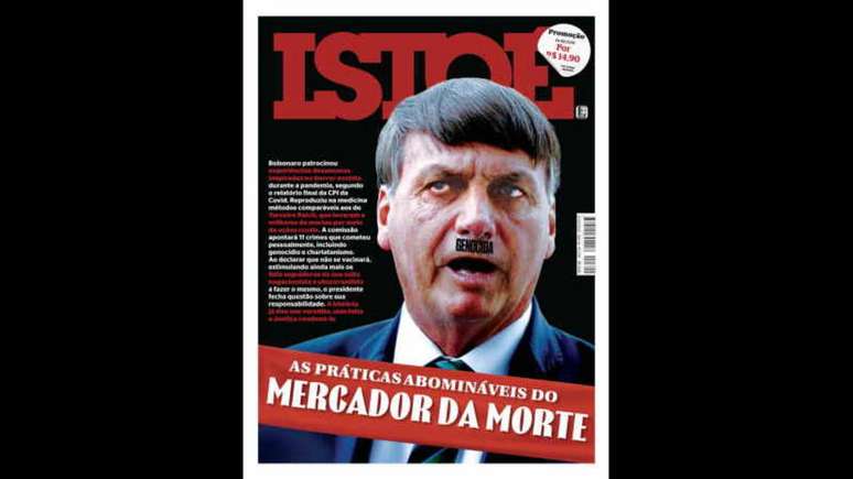 Capa da 'IstoÉ' traz uma imagem do presidente Bolsonaro com o bigode de Hitler, onde se lê "genocida"