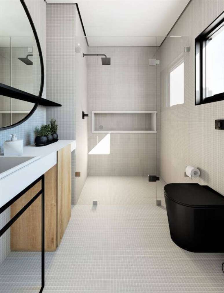 49. Banheiro retr&ocirc; cinza com nicho de porcelanato branco em destaque &ndash; Foto Vila 133 Arquitetura