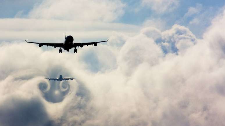 Os aviões normalmente seguem uns aos outros para pousar em uma linha no momento - aqui, um avião voa através da turbulência causada pelo que está na frente