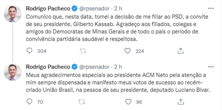 Em rede social, presidente do Senado confirma mudança de partido.