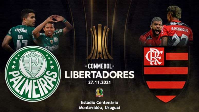 Palmeiras e Flamengo se enfrentam no dia 27 de novembro pela decisão da Libertadores 2021 em Montevidéu, no Uruguai (Arte L!)