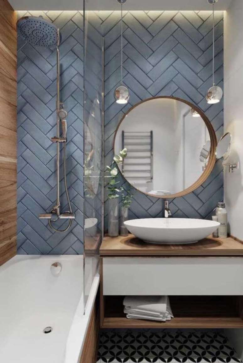 19. Decoração de banheiro retro moderno com espelho redondo e cuba branca – Foto Decor Facil