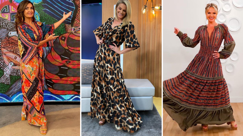 Fátima, Ana e Eliana com vestidos estampados e longos (Fotos: Reprodução/Instagram)