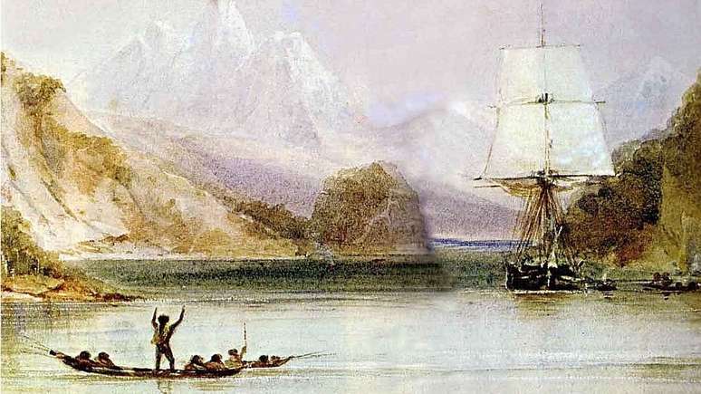 HMS Beagle em Tierra del Fuego, pintado por Conrad Martens durante a viagem (1831-1836), de "A Origem das Espécies" de Charles Darwin.