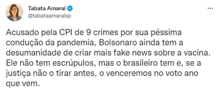 Publicação da deputada Tabata Amaral neste domingo, 24.