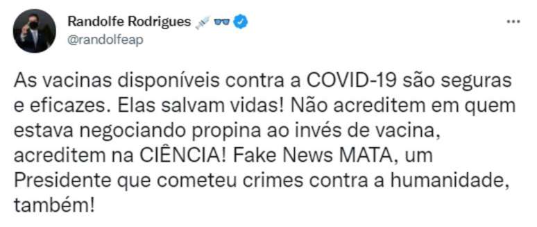 Publicação do senador Randolfe Rodrigues neste domingo, 24.