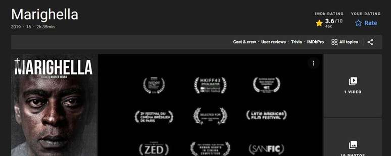 Página do filme 'Marighella' no agregador IMDb em 25 de outubro de 2021