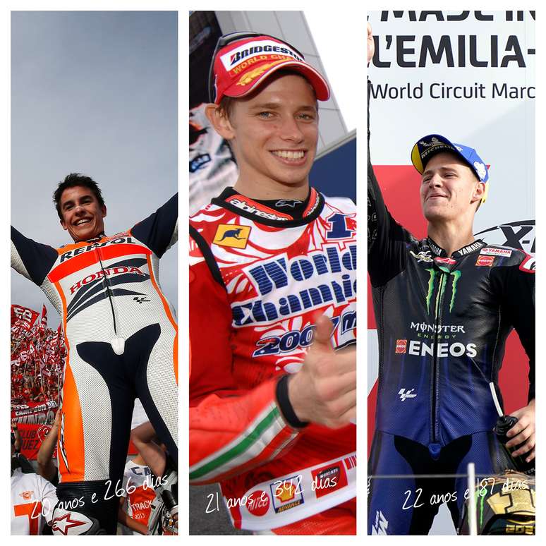 Marc Márquez, Casey Stoner e Fabio Quartararo são os mais jovens campeões da MotoGP (Fotos: Repsol, Ducati e Yamaha)