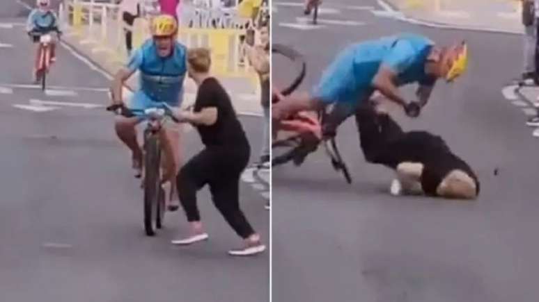 Momento em que a espectadora atravessa a pista e é atropelada pelo ciclista (Foto: Reprodução/Twitter)