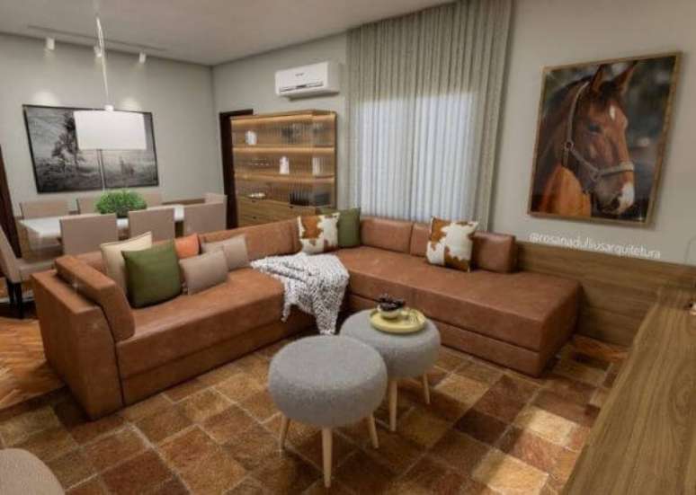 18. Sala sem tv com sofá em l e parede cinza – Foto Rosana Dullius Arquitetura