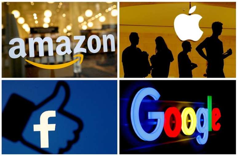 Logotipos da Amazon, Apple, Facebook e Google em uma foto combinada