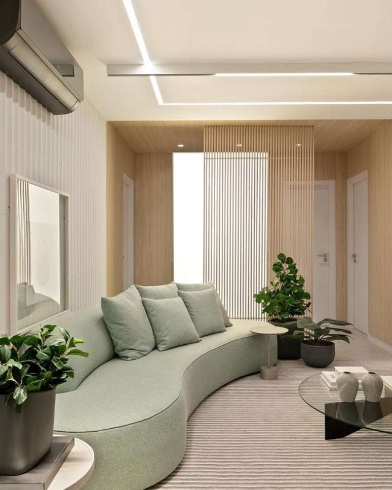 5. Sala moderna com sofá curvo e divisória de madeira para sala com ripas de madeira para entrada de luz – Foto Thaisa Bohrer Architext