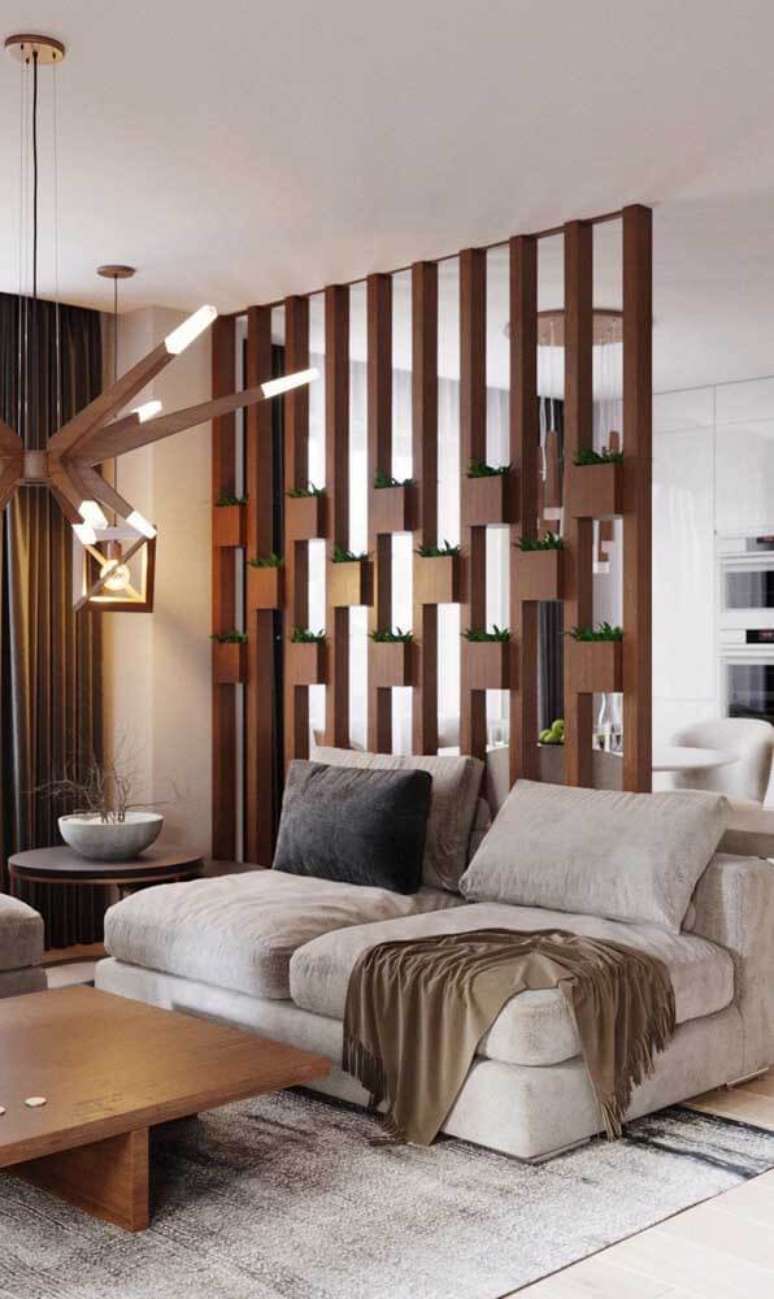 25. Divis&oacute;ria de madeira para sala com plantas &ndash; Foto Decor Facil