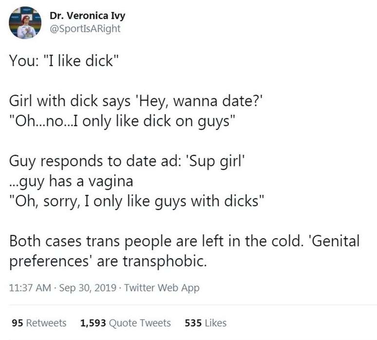 Tuíte de Veronica Ivy, no qual diz que "preferências genitais" são transfóbicas