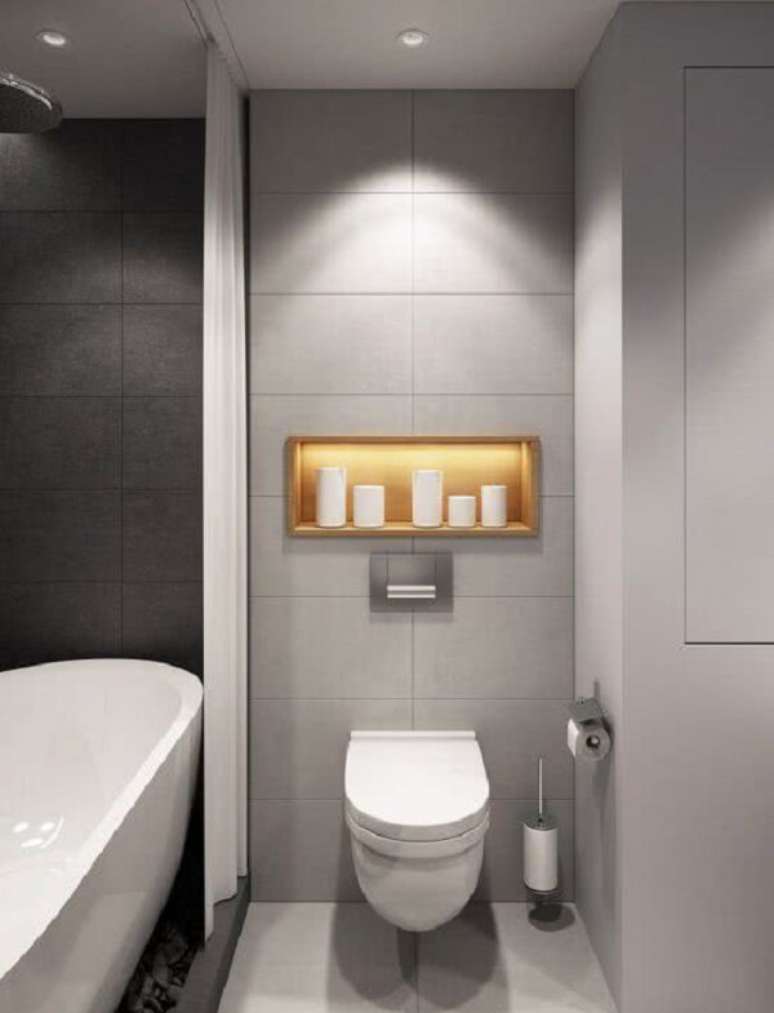 44. A cortina traz privacidade para quem vai usar a banheira simples. Fonte: Decor F&aacute;cil