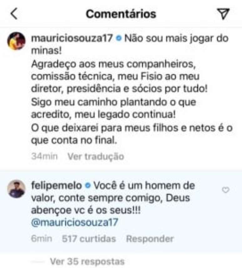 Comentário de Felipe Melo na publicação de Maurício Souza (Reprodução / Instagram)