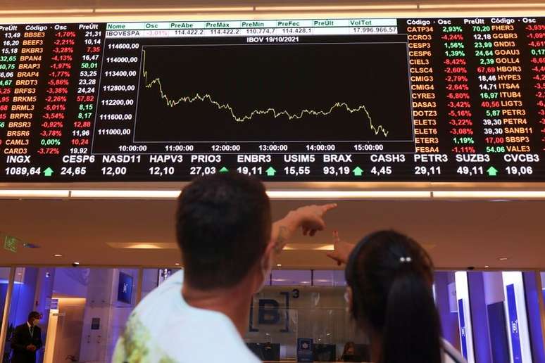 Pessoas são vistas em frente a um quadro eletrônico mostrando o gráfico das flutuações recentes dos índices de mercado no pregão da Bolsa de Valores B3 do Brasil em São Paulo, Brasil
19/10/2021
REUTERS/Amanda Perobelli