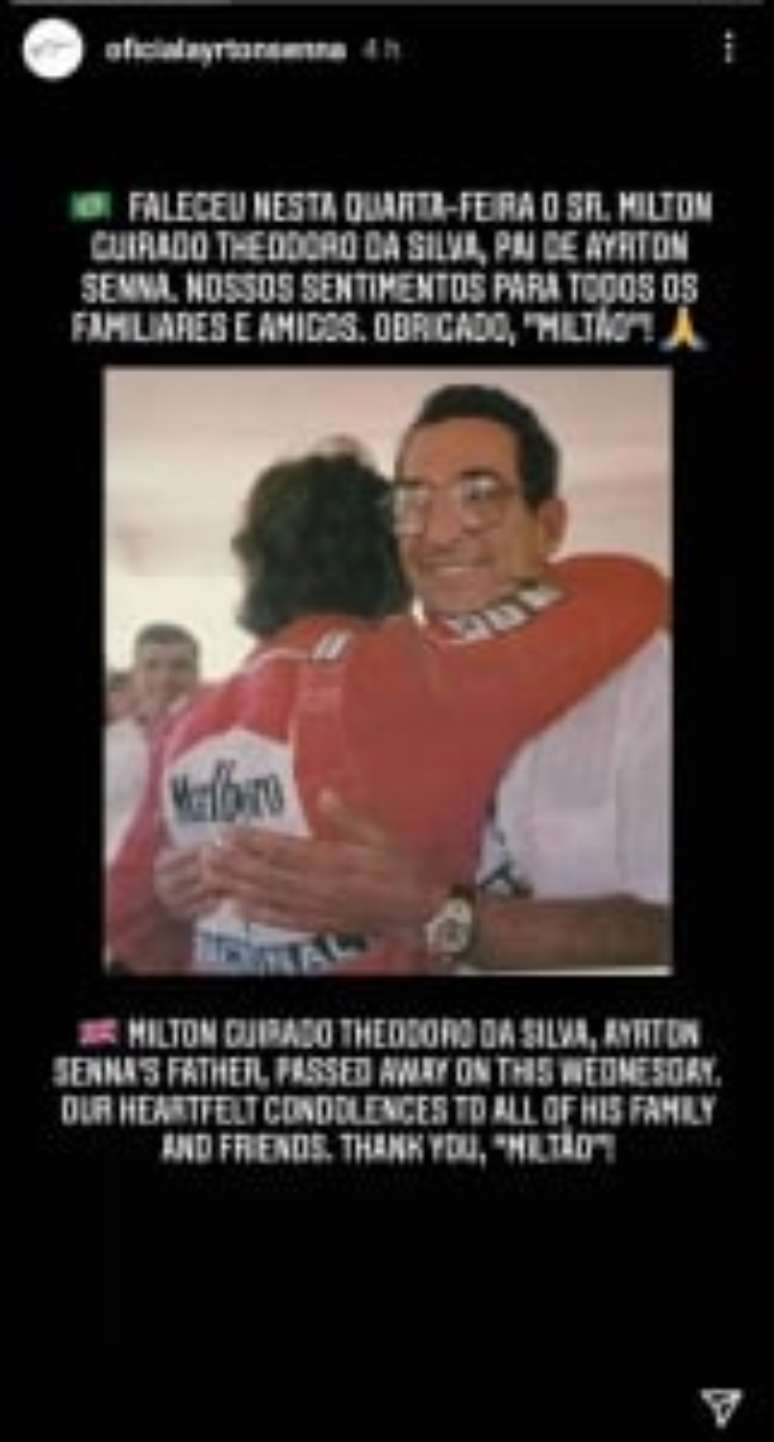 Stories dedicado ao falecimento de Milton da Silva (Reprodução / Instagram)