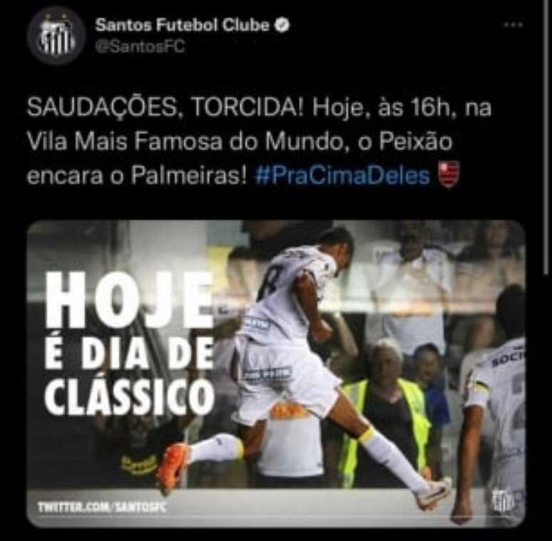 Publicação do Santos sobre clássico contra o Palmeiras também recebeu o escudo do Flamengo (Reprodução / Twitter)