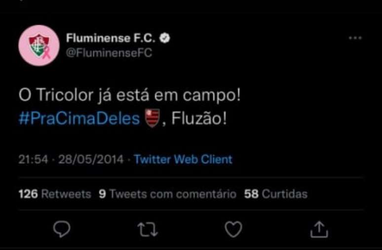 Tweet do Fluminense de 2014 amanheceram com o escudo do Flamengo (Reprodução / Twitter)