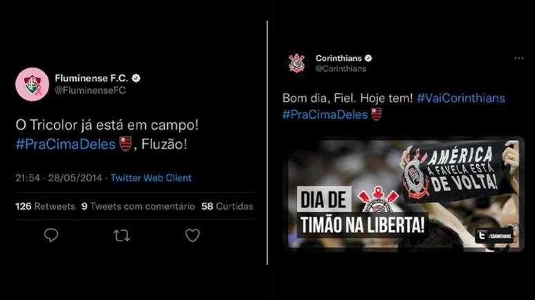 Publicações antigas de Fluminense e Corinthians receberam escudo do Flamengo por causa de ativação de marketing do Twitter para final da Libertadores entre Rubro-negro e Palmeiras (Montagem Lance!
Fotos: Reprodução / Twitter)